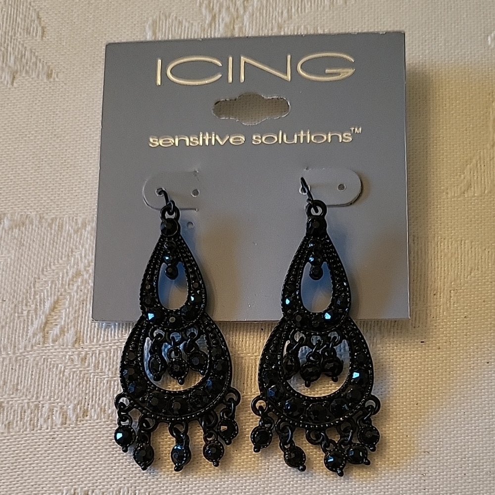 Icing Jet Black Gothic Chandelier Earrings with Teardrop Design, 2.25" drop